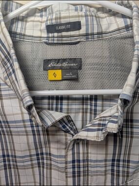 Eddie Bauer Plaid Button Down Shirt Mens Large Classic Fit Blue Tan Casual